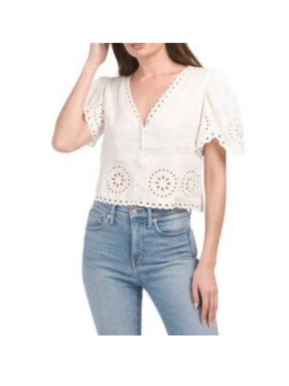 Elie Tahari White Eyelet V-Neck Flutter Sleeve Top size small